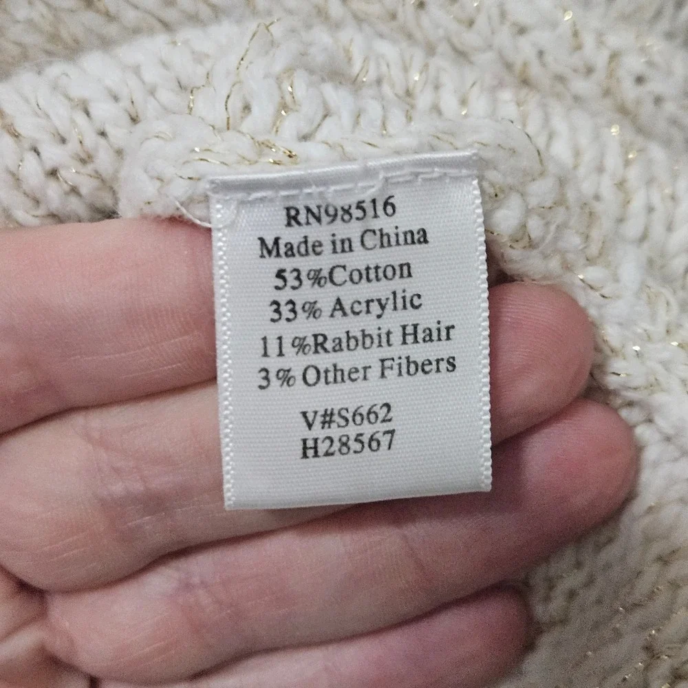 Coldwater Creek Cream Gold Metallic Cable Knit Turtleneck‎ Sweater Rabbit Hair M